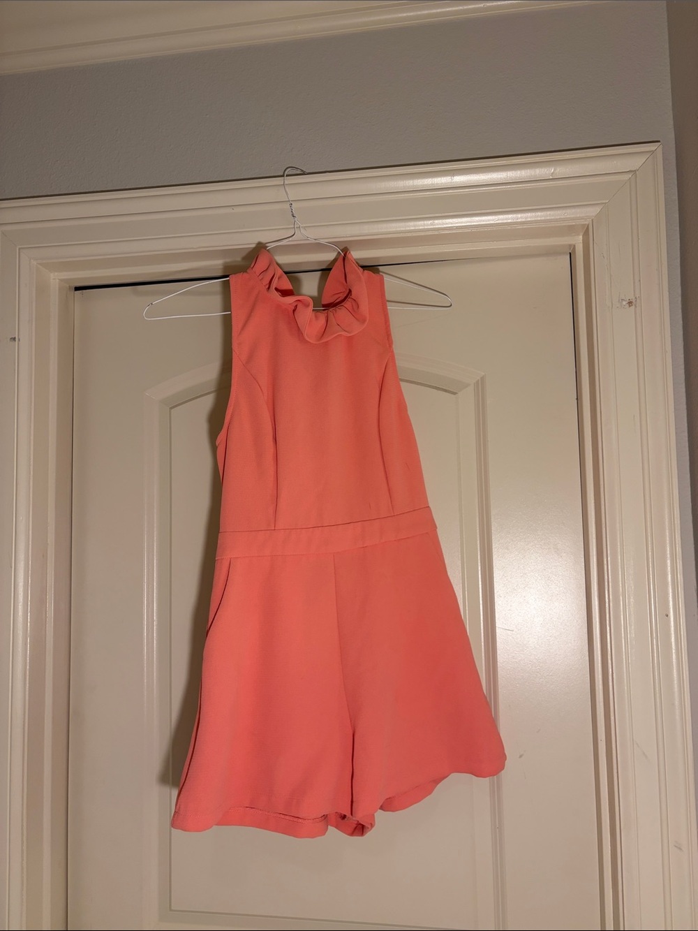Women's Coral Halter Romper with Ruffle Neck